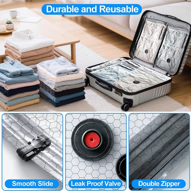 Cordless Travel Vacuum Storage Compression Bag Set - TSA Approved & Reusable | Up to 80% More Space