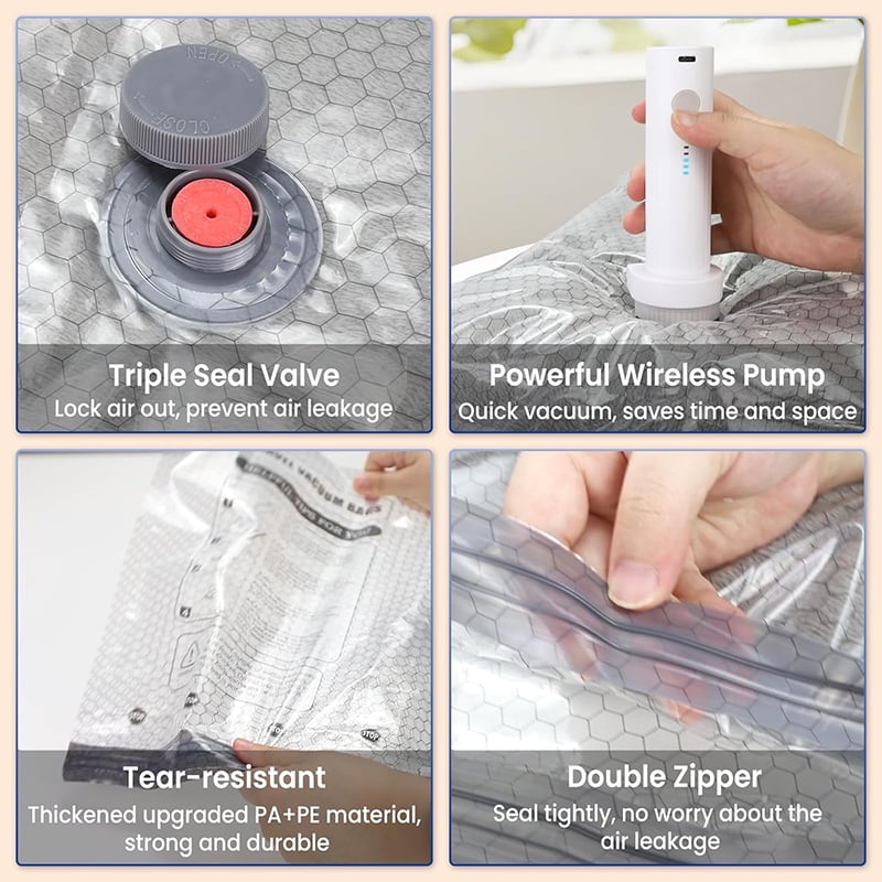 Cordless Travel Vacuum Storage Compression Bag Set - TSA Approved & Reusable | Up to 80% More Space