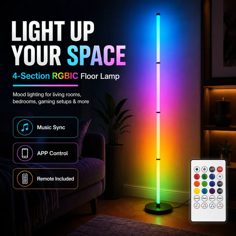 Smart RGBIC Floor Lamp – 4-Section Color LED with Music Sync & Remote Control