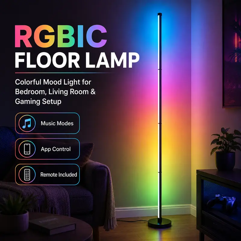 Smart RGBIC Floor Lamp – 4-Section Color LED with Music Sync & Remote Control