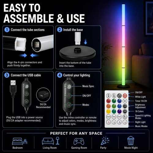 Smart RGBIC Floor Lamp – 4-Section Color LED with Music Sync & Remote Control